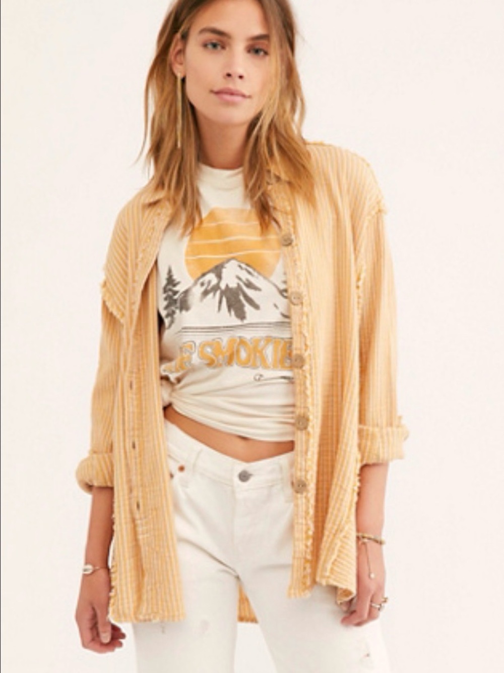We The Free Oversized boho Swept Away Button Down shirt in Mustard Yellow